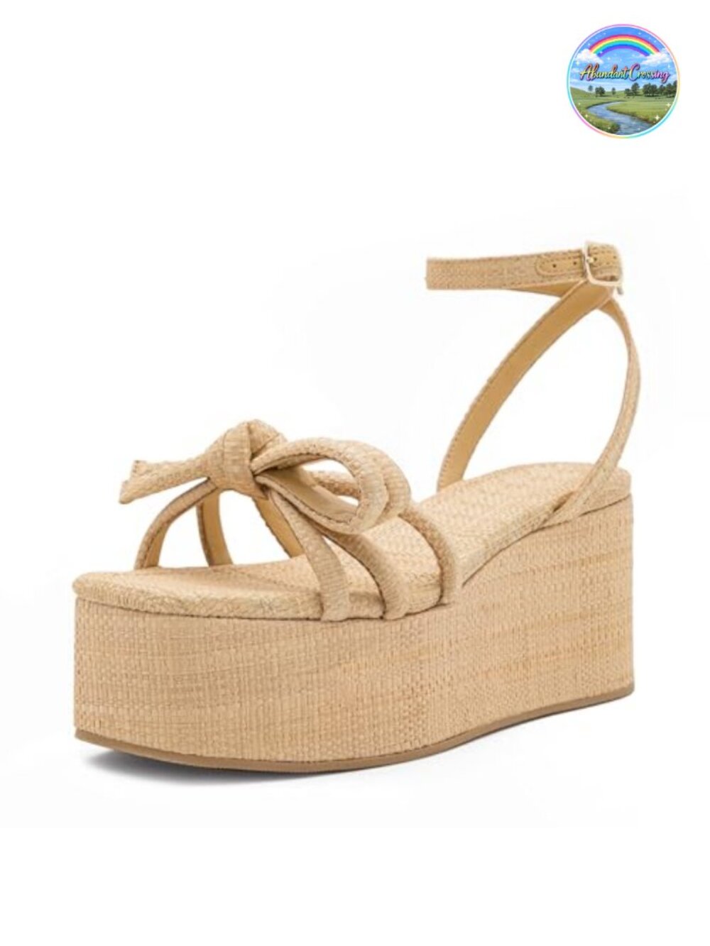 Raffia Platform Wedge Sandals Bow Ankle Strap Open Toe